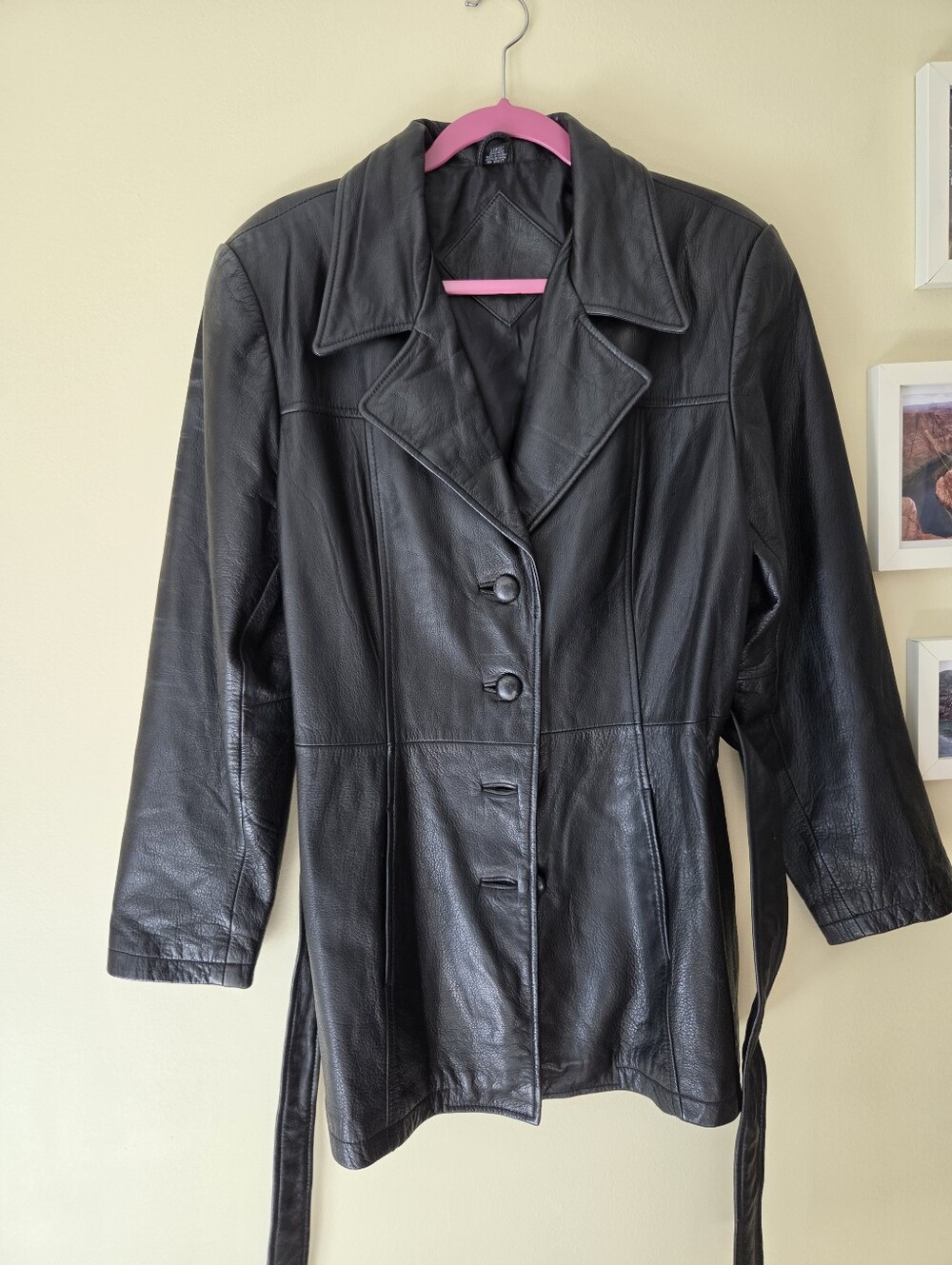 Vintage mid-length black leather belted trench jacket